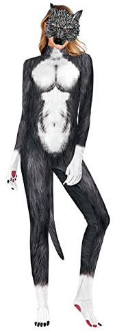 Women's Halloween Fullbody Black Wolf Costume with Mask,Tail, Big Bad Wolf Muscle Bodysuit Animal Catsuit Outfit (Large)