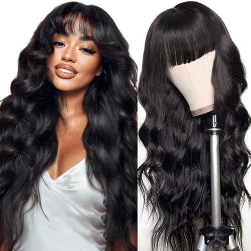 Junemet 18 Pouces Perruque Cheveux Humain Frange 2x4 Lace Perruque Sans Colle Cheveux Humain Glueless Frange femme Naturelle Brésilien Body Wave Lace Wig Human Hair Couleur Naturelle