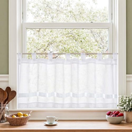TOPICK Sheer Scheibengardinen mit Schlaufen lichtdurchlässig Bistrogadine Landhaus Voile Küchenvorhang Leinenoptik Satinband Küchengardinen Wohnzimmer 1er Set H45 x B145(cm) Klein Fenster Weiß