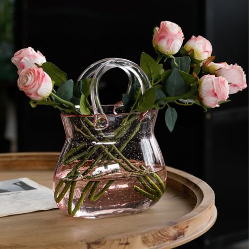 Glass Vase with Elegant Purse Design, Hand Purse vase with Fish Bowl, Unique Flower Vase with Handle and Bubbles - for Home Decor/Office/Garden/Wedding Decor/Enterpiece/Events (Purse Pink A)