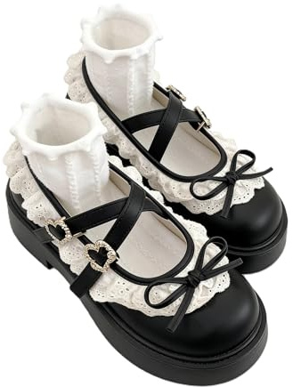 Jemnpela Mary Jane-skor för kvinnor, Lolita, JK, platta skor med rosett, spets, rund tå-spänne, söt Kawaii vardagliga pumpar för dejter, bröllop, cosplay, skola, resefest, Stil 5 Svart, 37.5 EU