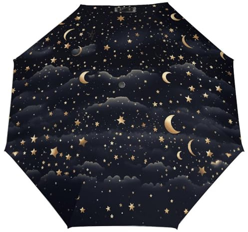 Anceky Ombrello pieghevole piccolo con stelle e luna su sfondo scuro, ombrello da viaggio antivento, leggero, piccolo e compatto, adatto per la tasca.