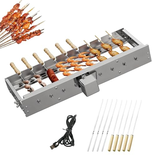 Asador Giratorio Eléctrico, Espetón Para Barbacoa De Acero Inoxidable 50 Cm Con Motor USB, Accesorio Schaschlik 9 Orificios Con 9 Pinchos, 5 RPM, Ancho Ajustable, Accesorio Para Parrilla De Jardín