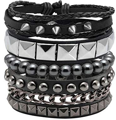 Eigso Punk Armband 4Pcs PU Lederarmband Schwarz Gothic mit Legierung Kette Gallensteine Verstellbar