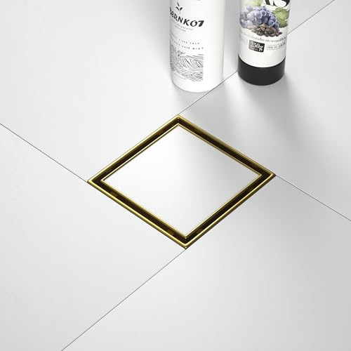 Bernkot Square Shower Drain 4, Brushed Gold Floor Drain with Tiled Insert Grate & Hair Strainer, 304 Stainless Steel Bathroom 2-in-1 Tiled in Drain, CUPC Certified (Brushed Gold, 4'')
