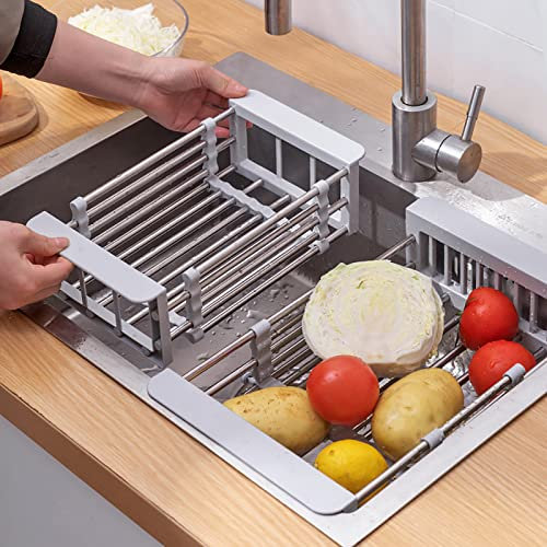 yufana Scolapiatti Telescopico in Acciaio Inox, Cestello di Scarico, Scolapiatti da Appoggio per Lavello, utilizzato per Lavello da Cucina o Lavaggio Stoviglie da Appoggio, Scarico Frutta e Verdura.