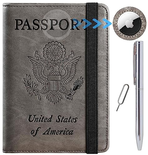 Airtag Passport Holder Cover Wallet Travel Essentials RFID Blocking Leather Card Case International Must Haves Travel Accessories for Women Men(119#Grey)