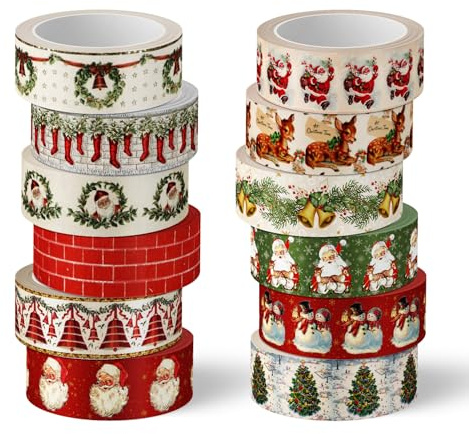 Whaline 12 Rolls Christmas Vintage Washi Tape Santa Claus Snowman Xmas Tree Bell Washi Tape Masking Decorative Party Gift Paper Tape for DIY Craft Scrapbook Decor Party Favor Supplies