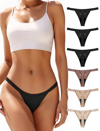 TIICHOO Culotte Menstruelle Thong Sexy en Dentelle Absorbante sans Couture String Culotte de Regle Lot de 6 (M, 3 Noir/Brown/Nude/Beige)