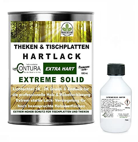 Contura Hartlack 2K Lack Thekenlack Glänzend Tischplattenlack Theken Holzlack Klarlack Set mit Härter Contura Zweikomponenten Lack farblos (Transparent, 750ml.)