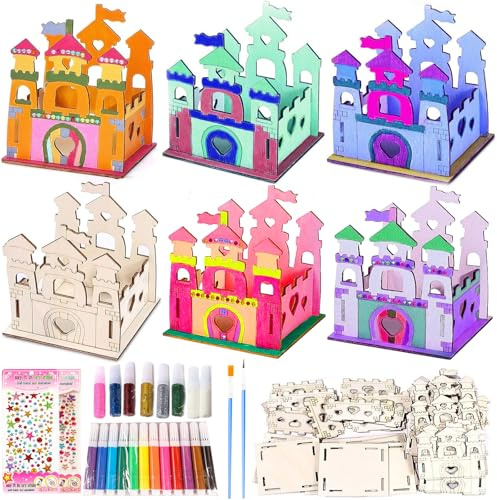 PIWOSGOL 12 Stück Prinzessin Holzschloss Bastelset, Holz Basteln Kinder Mädchen, Prinzessin Bemalen Handwerk, Kreativ DIY Bastelhandwerk Geschenk für Geburtstagsparty Mädchen 3 4 5 6 7 8 9 10 Jahre