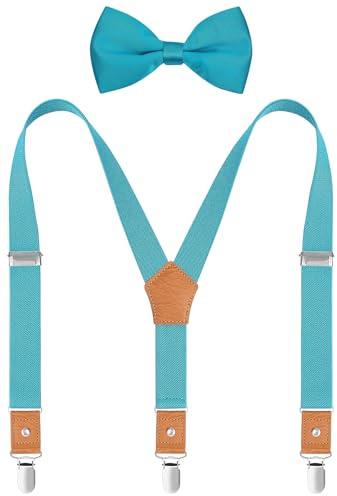 WAQXTV Toddler Boy's Suspenders and Bow Tie Set Elastic Y Back with Metal Clips 24 Inches Turquoise