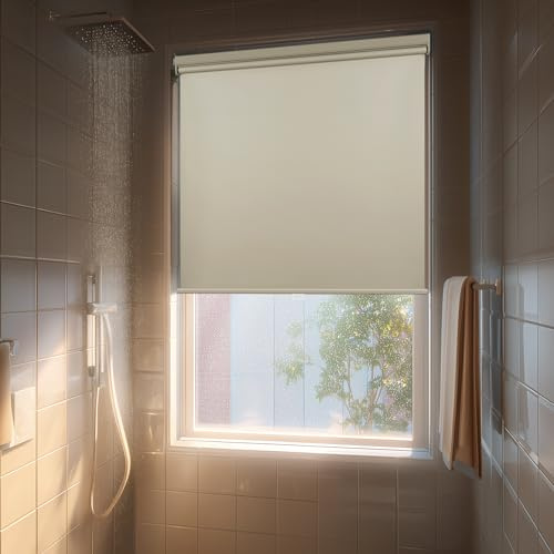 HESTIA No Drill Cordless Blackout Roller Shades Screwless Waterproof Shower Window Blinds, Auto-Retraction Easy Install Blind for Bathroom/Kitchen/Office/Exterior, Cream, 22 W x 54 H