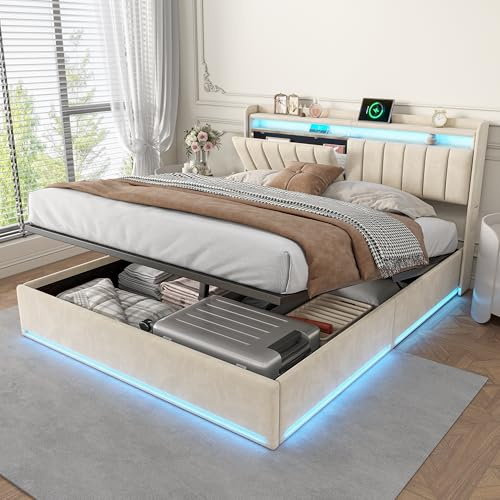 Letto 160 x 200 cm, con cassapanca, letto imbottito con vano portaoggetti, letto matrimoniale con LED e USB, letto per ragazzi 160 x 200 cm, con testa di stoccaggio, idraulico, letto a molle, in