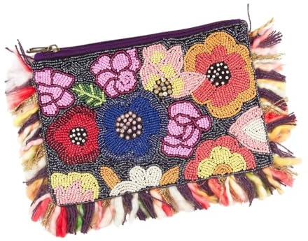 SITARA Bolso de Fiesta Mujer con Beads y Flecos - Clutch de Mano Boho Chic con Cremallera y Forro de Algodón · Cartera Étnica para Boda, Evento y Noche - Hecho a Mano (9301056)