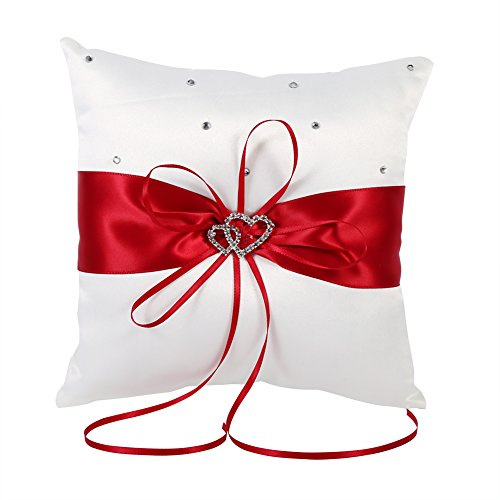 Zerodis Anillo de Bodas Almohada Cinta Decorativa Almohada Anillo Portador Almohada cojín romántico con Bowknot Doble corazón Rhinestone, Ceremonia de la Boda decoración del hogar(Rojo)