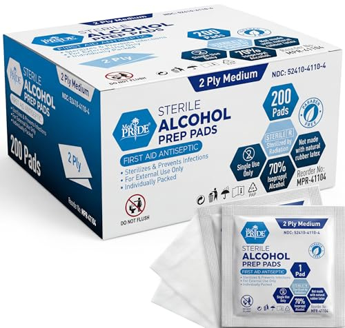 MED PRIDE Sterile Alcohol Prep Pads, Antiseptic, 70% Isopropyl, Individually Wrapped, Medical Grade 2 Ply Wipes (200 Count (Pack of 1) White)