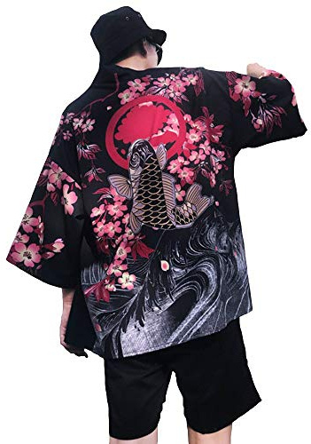 Siehin Cardigan kimono pour homme Japon Happi Kimono printemps-été Veste Yukata Coat Ukiyoe Baggy Tops, Noir , L