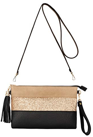 CRAZYCHIC - Pochette Clutch Bag Paillettes Donna - Borsa Tracolla Spalla PU Pelle Morbida Brillantini - Borsetta Strisce Multicolore Casual - Crossbody Messenger Bag - Sacchetto Borsello Moda - Nero