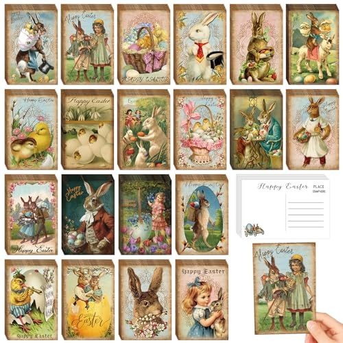 Motipuns 80 Pcs Vintage Easter Cards Bulk Bunny Rabbit Easter Postcards 4 x 6 Inch Antique Retro Greeting Cards Set for Friends Family Christian Catholic Party Supplies(Bunny Pattern)