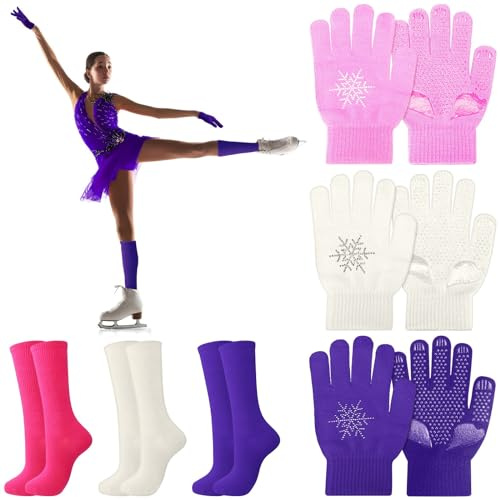 Hicarer 6 Pairs Figure Skating Gloves Socks Set Ice Skating Socks Warm Winter Anti Slip Gloves for Practice Competition(Purple, Skin Color, Pink)