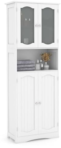 LIFEZEAL Mobile Bagno, Mobiletto Bagno Salvaspazio, 60x30x164 cm, Armadietto Alto con Ante in Vetro e Ripiani Regolabili, Arredo Indipendente, Armadio Multiuso per Cucina e Soggiorno, Credenza Bianco