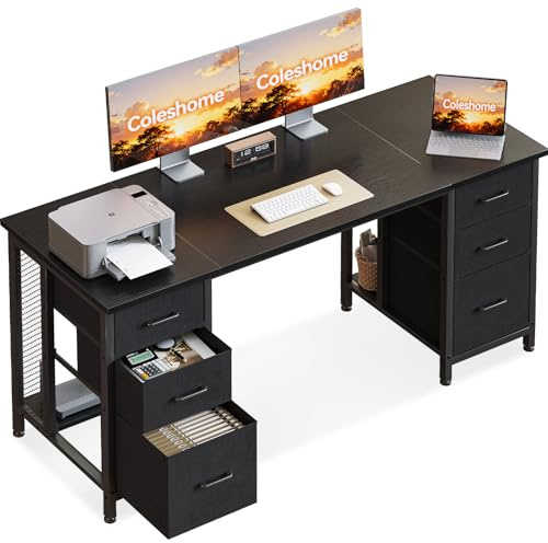 Coleshome Bureau avec 6 Tiroirs, 160x52 cm Bureau Informatique avec Rangement, Bureaux D'ordinateur pour Le Bureaux à Domicile, Noir