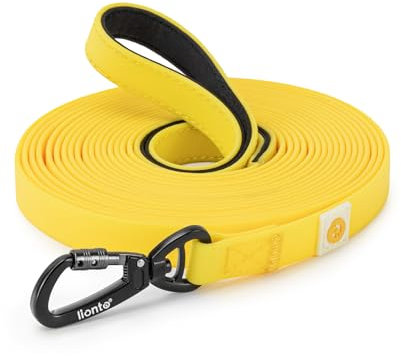 lionto wetterfeste Schleppleine mit 360° Sicherheitskarabiner, 5 m, mit Tasche & gepolsterter Handschlaufe, robuste Hundeleine aus Nylongewebe mit PVC Beschichtung für die Hundeerziehung, gelb