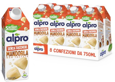 ALPRO SENZA ZUCCHERI, Bevanda alla MANDORLA, Alternativa Vegetale al Latte, Naturalmente Senza Lattosio, con Vitamine B2, B12, D2, E - 8 confezioni da 750 ml
