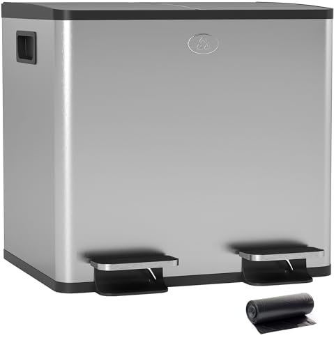 HOMCOM Cubo de Basura de Cocina con 2 Compartimentos 2x15L Papelera de Cocina de Acero Inoxidable con Pedales Tapas de Cierre Suave y Cubo Extraíble para Reciclaje Residuos Restos de Comida Plata
