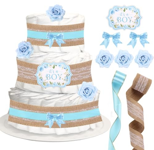 CORNER LACE Baby Shower Diaper Cake Decorations Blue, Birthday Party Diaper Cake Supplies, Include Ribbon, Bow Tie, Cake Cards, Artificial Flowers