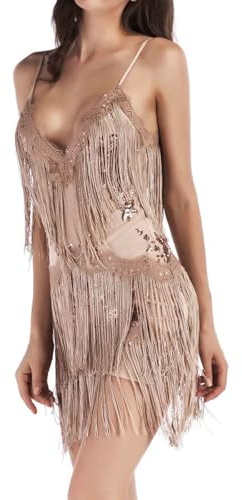 AnnSemo Vestido vintage de flecos de lentejuelas de los años 20, vestido de flecos con borlas brillantes, vestido de tirantes delgados, cuello en V, vestidos con flecos sin mangas, minifalda, fiesta