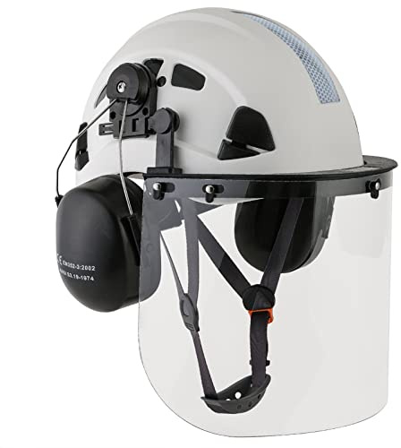 Forestry Safety Chainsaw Helmet with Plastic Face Shield and Ear Muffs for Tree Logging Cutting Wood Chopping Arborist Helmet Garden Work Lawn Mowing(P93 White+PC Shield+Earmuff)