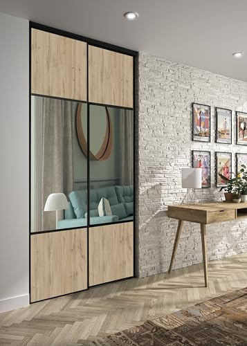OPTIMUM Porte Coulissante Placard 2 Vantaux – Chêne Authentique & Miroir Argenté – Style Moderne pour Dressing ou Séparation – Panneaux Bois et Miroir (chêne Authentique, 180x250 cm)