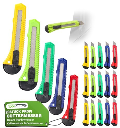 ToolSpace Set 20 Coltelli da Taglio 18 mm 20x Coltelli per Moquette Lama Affilata a Spezzare Robusti Professionali Cutter Universale Taglierino da Cantiere e Tappezziere Fai da Te Migliori dei Stanley