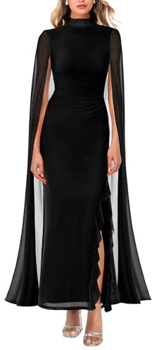 Lrady Women's Wedding Guest Dress Evening Gowns High Neck Formal Cocktail Party Maxi Bodycon Dresses with Cape Sleeve, Black, Medium