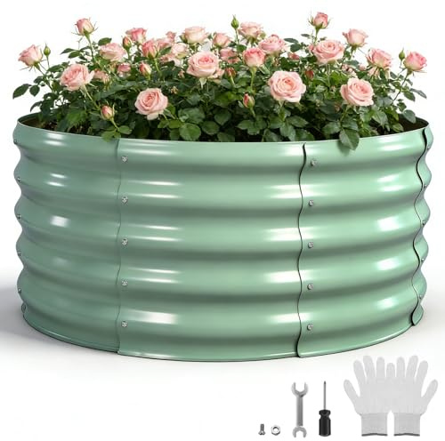 Bancal alto de metal 90 x 90 x 43 cm, de acero galvanizado para el jardín, para verduras, hierbas, flores, jardín, color verde claro, redondo