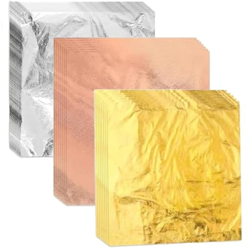 150 Pcs Imitation Gold Leaf Sheets for Crafts, 14x14 cm Metallic Foil Paper for Art, Gilding, Nails, Resin, DIY Decor - Non Fading Aluminium Foil Sheets in 3 Colours