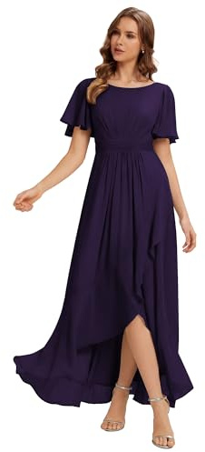 Ever-Pretty Abiti da Damigella Collo Rotondo Maniche Corte Chiffon High Low Sbordi Asimmetrici Viola Scuro 46