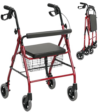 Orvian Andador para Ancianos Plegable con Frenos. Andador para Adultos con 4 Ruedas, Altura Regulable, Asiento Acolchado y Cesta. Caminador Estructura de Aluminio Ligero y Resistente. Hasta 136 Kg