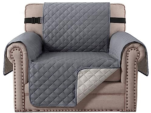 BellaHills Reversible Chair Covers Water Repellent Sofa Cover 1 Seater Sofa Slipcover from Pets Sofa Covers for Cats Checked Pattern Thick Quilted with Elastic Strap (Chair, Grey/Beige)