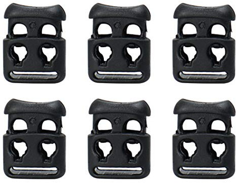 sourcing map 6pcs Plastique Cordon Serrures Butée Extrémité Ressort Butée Double Trou Bascule Coupe Forme Attache Arrêt Corde Extrémité pour Cordons Vêtements Lacets Camping Sac Noir