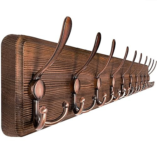 SKOLOO Garderobenleiste Holz, Vintage, Stabile Kleiderhaken Wand mit 10 Dreifachhaken, zum Aufhängen von Kleidung, Mantel, Hüten, Jacken, Rucksack, Hakenleiste Holz Antiker auf Braun