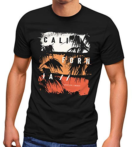 Neverless® Herren T-Shirt California Schriftzug Palmen Printshirt Aufdruck Fashion Streetstyle schwarz L