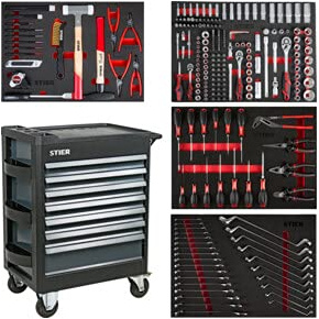 STIER Werkstattwagen Premium bestückt, 241-teilig, mit Kunststoffabdeckung, Tragkraft 500kg, Werkzeuge in Weichschaumeinlagen (Eva)