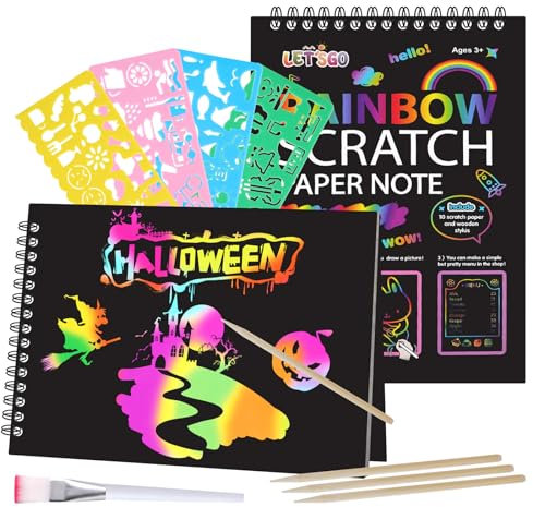 OFFCUP Magic Scratch Book, 2 Stück Kratzbilder Kinder, 4 Holzstifte,4 Malschablonen, 1 Bürste, Kratz Buch, Regenbogen Magie Kratz Zeichenpapier, Scratch Art Notebook(15 * 20.5CM)