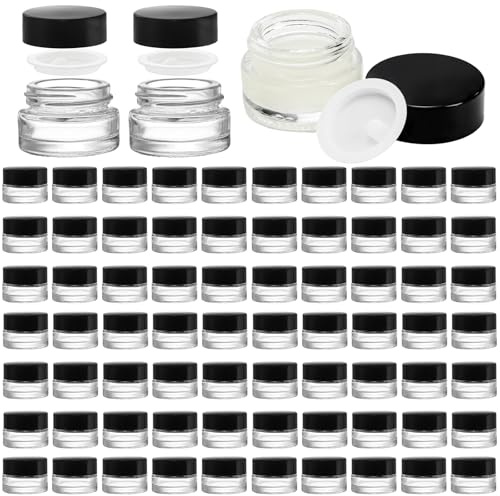 Coloch 90 Pack 5ml Glass Sample Containers with Black Lid, Mini Glass Cosmetics Jars with Inner Liner Bulk Refillable Tiny Glass Jars for Cosmetics, Lotion, Cream, Samples, Wax, Skincare, Travelling
