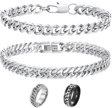 FCXQG 2 Pcs Armband Herren Silber Edelstahl Armband Herren Armband Herren Edelstahl Silber Armband Männer Armkette Herren Silber Panzerarmband Herren Silber Armband Kette Herren Mit 2 Die Ringe