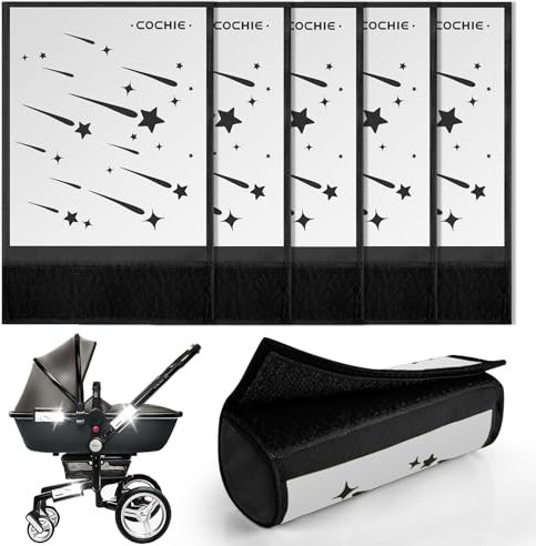 5 Stück Kinderwagen Reflektoren mit Klettverschluss Universal Sicherheits Reflektoren für Buggy, Fahrräde, Anhänger und mehr, Meteor Motiv, Schwarz