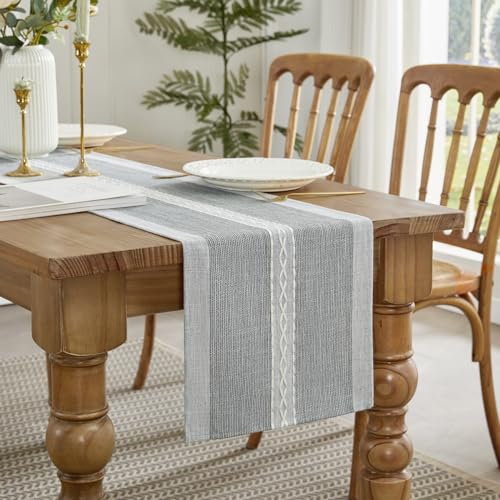Wracra Stickerei Baumwolle Leinen Tischläufer, Bauernhaus-Stil Indoor Outdoor Grau Tabelle Läufer 150cm für Party Esszimmer Küche Dekorationen(Grau, 150cm)